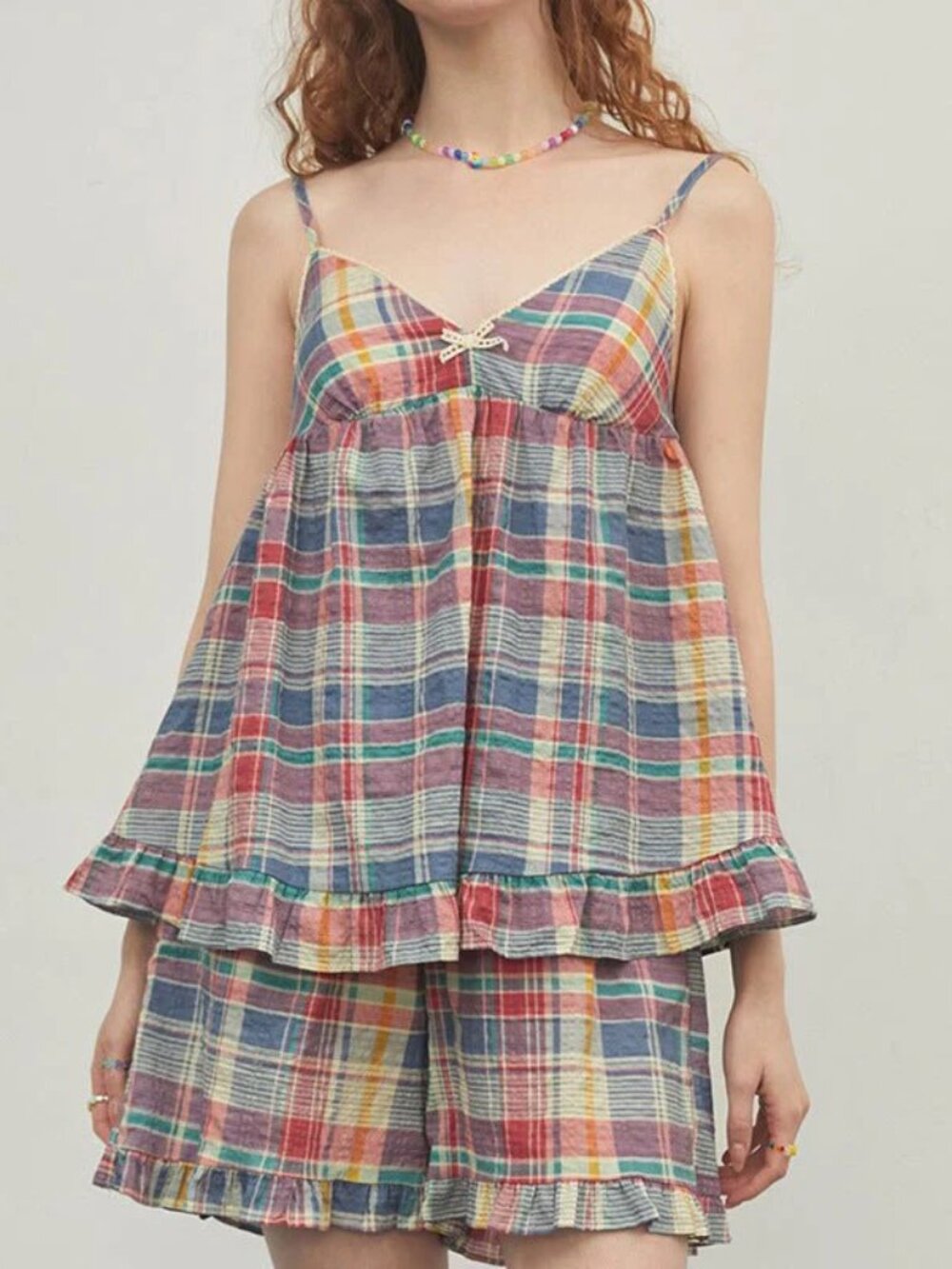 EVER LASTING VINTAGE INSPIRED PLAID TANK SHORTS PAJAMA SET
